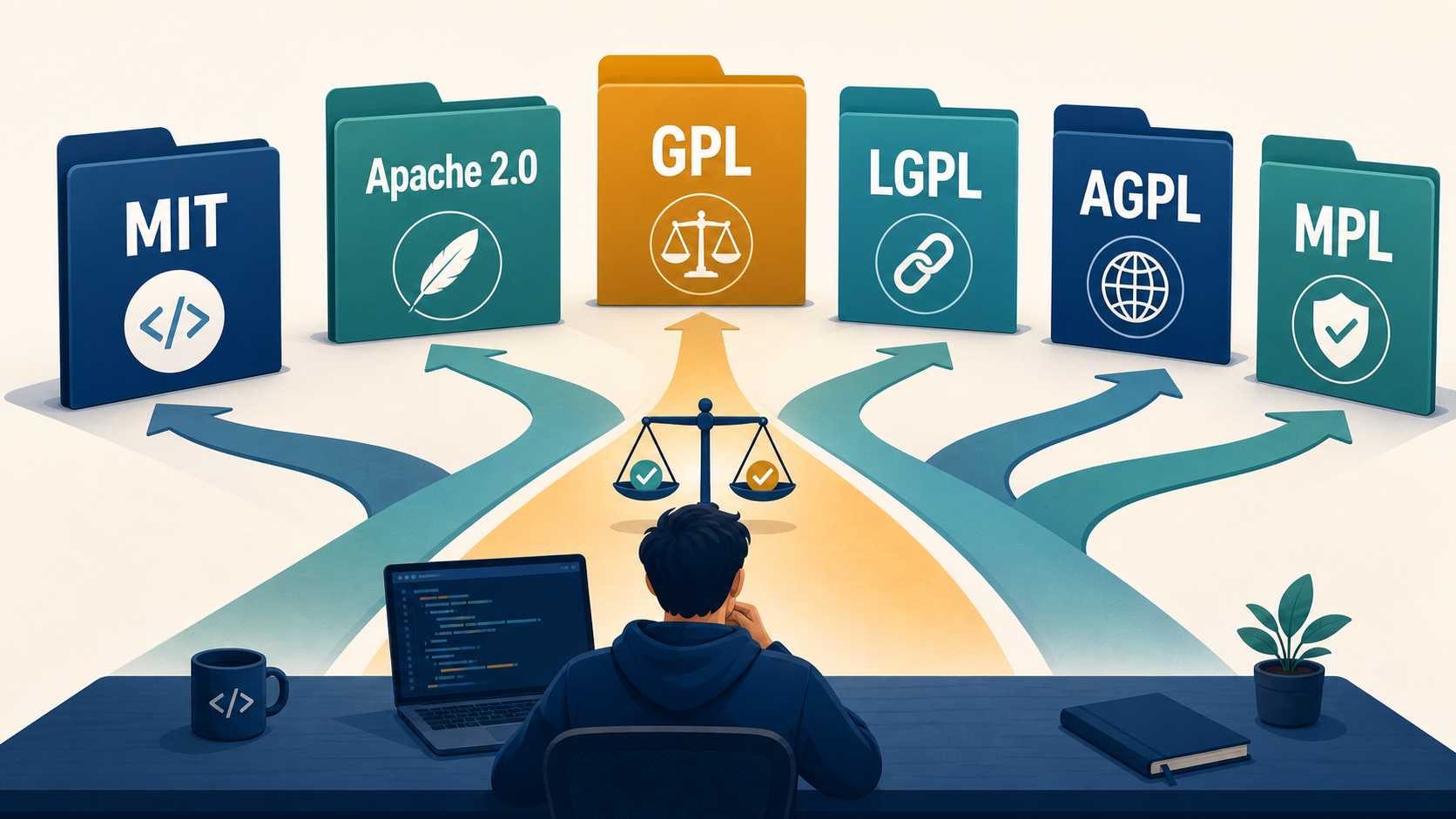 开源协议选型头图:MIT、Apache、GPL、LGPL、AGPL、MPL 的分叉选择